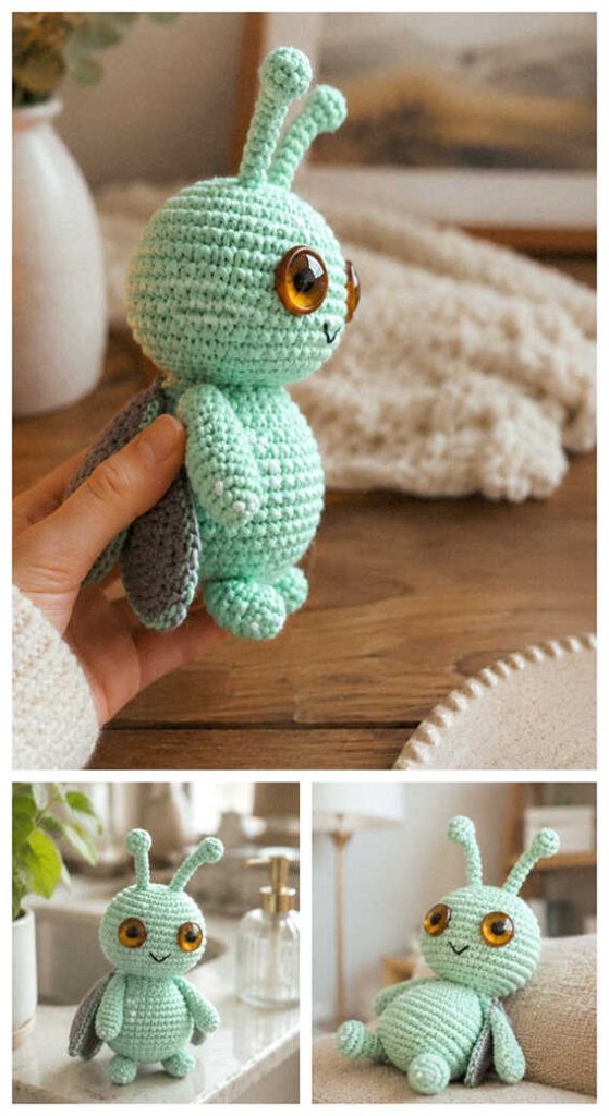 Pastel insect amigurumi plush displayed in a bright indoor setting