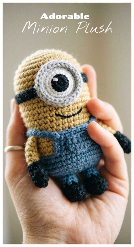 Mini minion amigurumi plush held in hand as a handmade gift idea