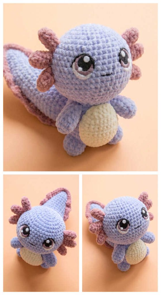 Mini purple axolotl crochet plush collage displayed in bright soft lighting