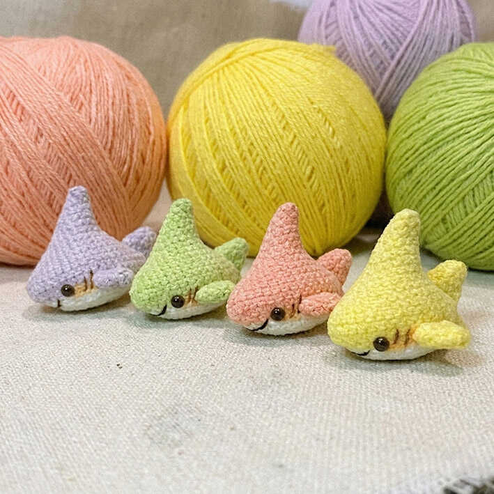 Mini shark amigurumi crochet plush toys in pastel colors