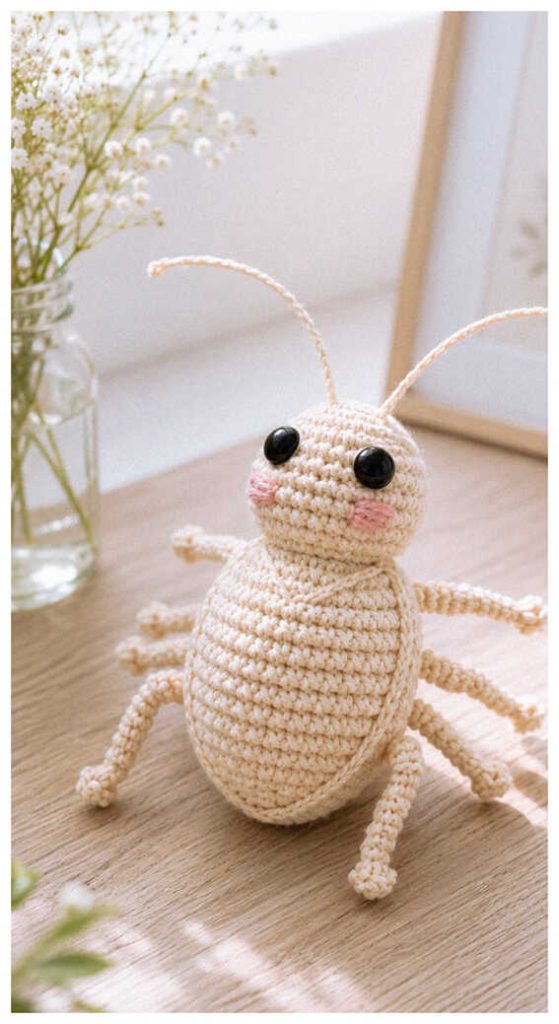 Soft crochet bug amigurumi displayed as quirky handmade decor