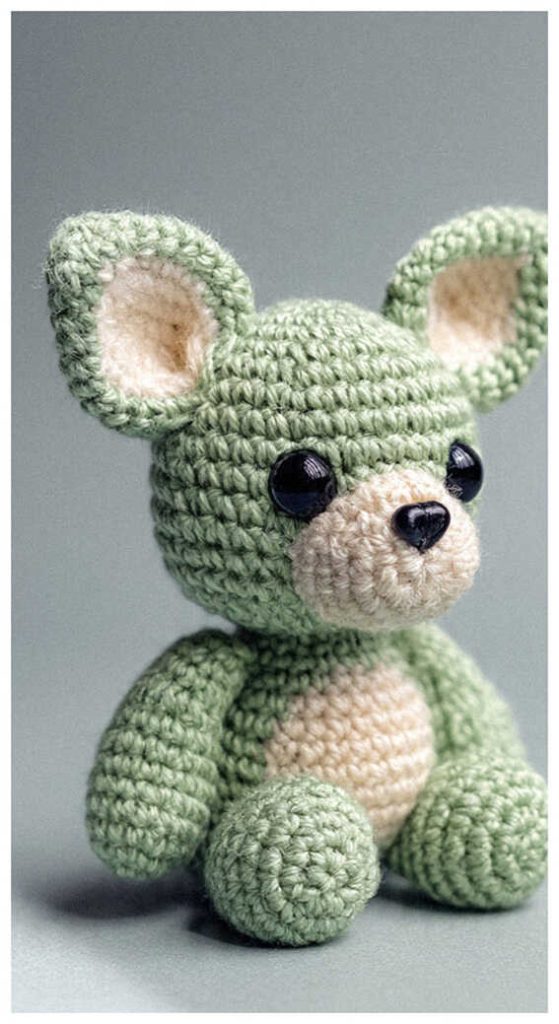 Mint puppy crochet plush displayed on a soft neutral background