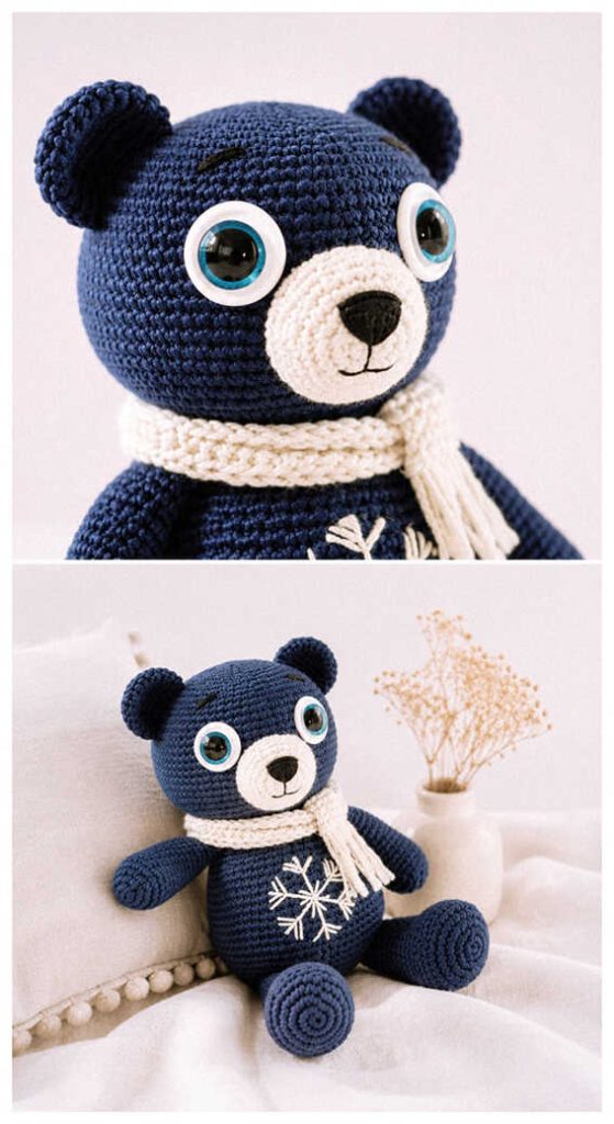 Navy bear crochet plush collage in a clean indoor setting