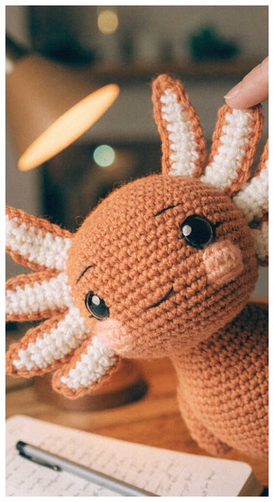 Orange axolotl amigurumi plush in warm close up lighting