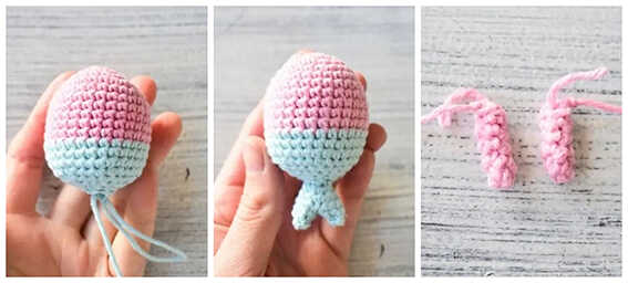Pig mermaid crochet keychain body and arm pieces in progress
