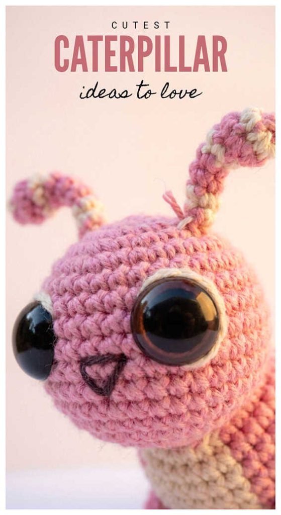 Pink caterpillar amigurumi plush poster style image in soft lighting