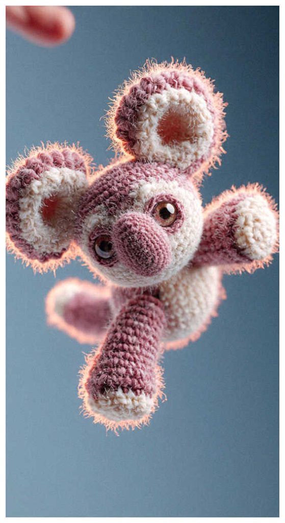 Pink koala amigurumi plush displayed on a soft blue background