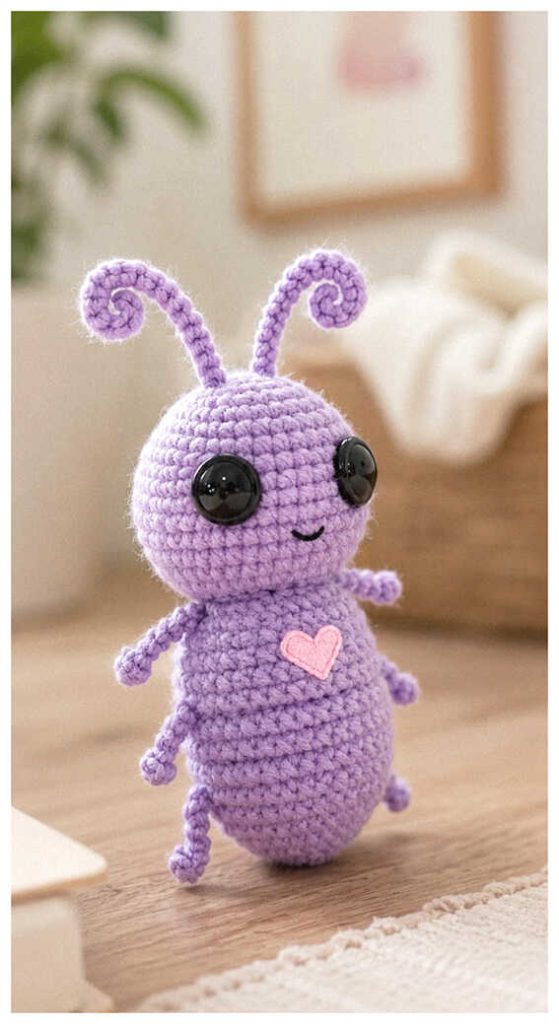 Purple crochet bug amigurumi in a soft styled indoor space