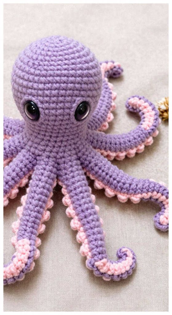 Purple octopus crochet plush displayed on a clean soft background