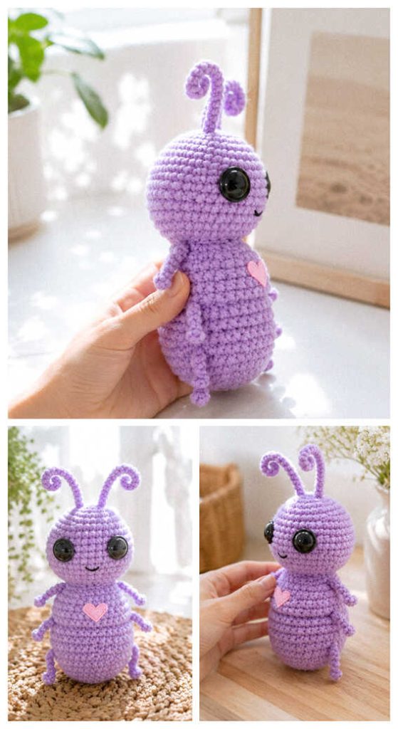 Cute purple insect amigurumi plush displayed on a neutral background