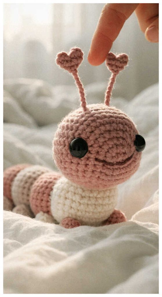 Tiny caterpillar amigurumi plush resting in a cozy soft setting