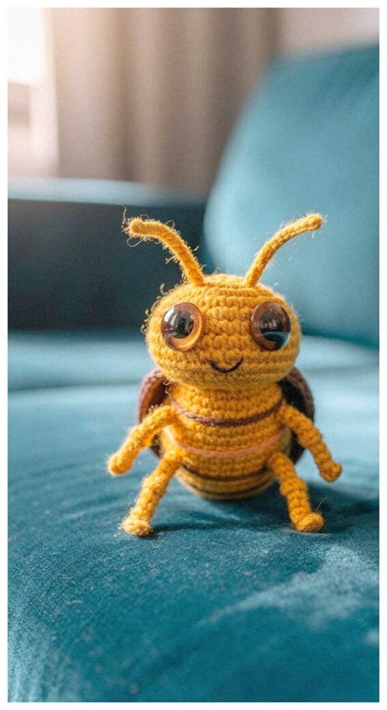 Cute crochet cockroach plush displayed in a cozy indoor space