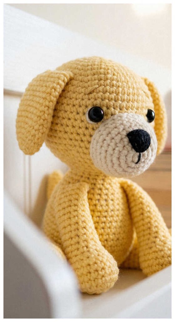Yellow dog amigurumi plush displayed in bright soft lighting