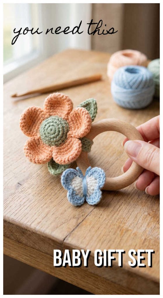 Baby gift crochet set with flower rattle