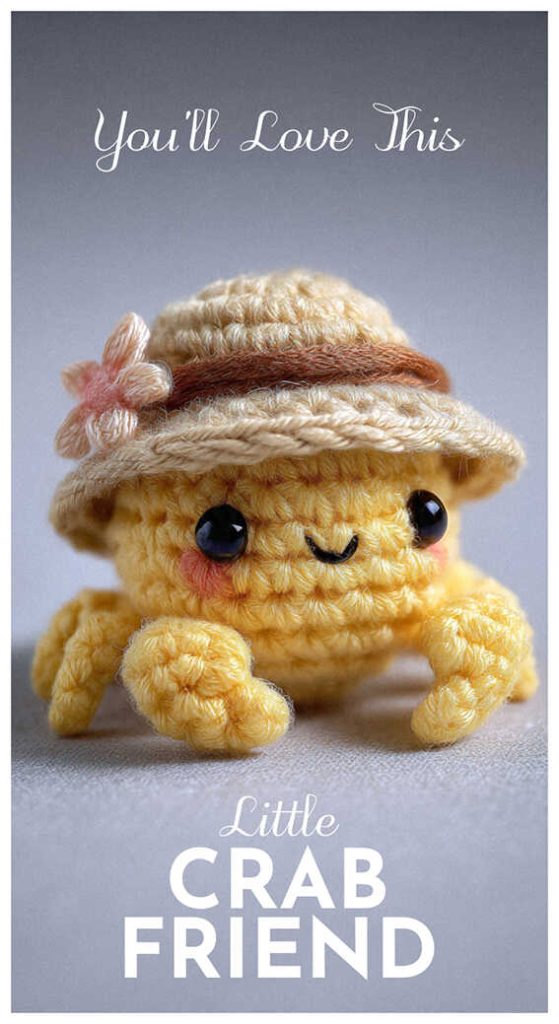 Crab amigurumi crochet plush toy wearing a mushroom hat