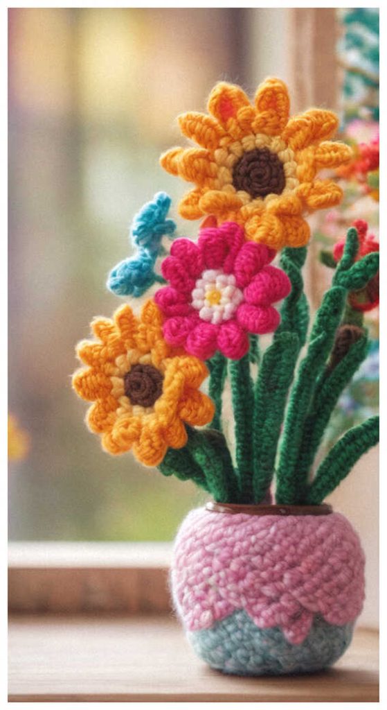 Crochet flower vase arrangement