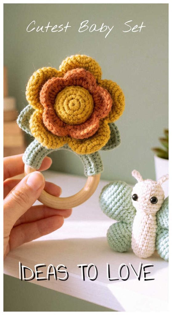 Crochet flower toy with wooden ring handle