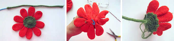 Crochet flower assembly steps showing petal attachment