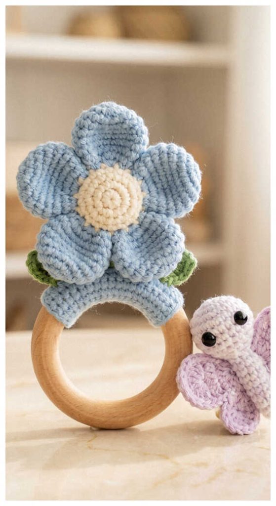 Flower rattle amigurumi crochet toy with wooden ring