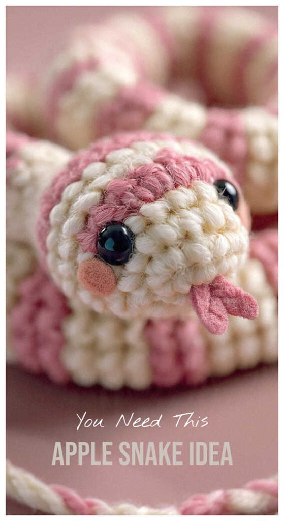 Apple snake crochet plush toy close up